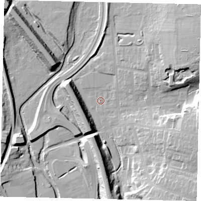 Shaded relief map of the ground around WD232HS, computed from Environment Agency LiDAR. The ground here sits at about 54 m above sea level and falls 19 m across the surrounding 800 m. Surface water reaching this point runs off ground lying to the east-south-east, 15.9 m higher.