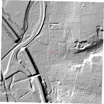 Shaded relief map of the ground around WD232HT, computed from Environment Agency LiDAR. The ground here sits at about 56 m above sea level and falls 19 m across the surrounding 800 m. Surface water reaching this point runs off ground lying to the east-north-east, 13.9 m higher.