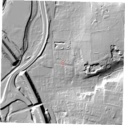 Shaded relief map of the ground around WD232HU, computed from Environment Agency LiDAR. The ground here sits at about 57 m above sea level and falls 19 m across the surrounding 800 m. Surface water reaching this point runs off ground lying to the east-north-east, 12.2 m higher.