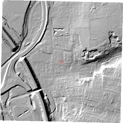 Shaded relief map of the ground around WD232HX, computed from Environment Agency LiDAR. The ground here sits at about 57 m above sea level and falls 19 m across the surrounding 800 m. Surface water reaching this point runs off ground lying to the north-east, 3.0 m higher.