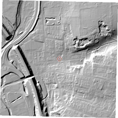 Shaded relief map of the ground around WD232JD, computed from Environment Agency LiDAR. The ground here sits at about 56 m above sea level and falls 19 m across the surrounding 800 m. Surface water reaching this point runs off ground lying to the east-south-east, 16.1 m higher.