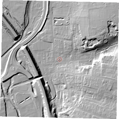 Shaded relief map of the ground around WD232JE, computed from Environment Agency LiDAR. The ground here sits at about 56 m above sea level and falls 19 m across the surrounding 800 m. Surface water reaching this point runs off ground lying to the east-south-east, 16.4 m higher.