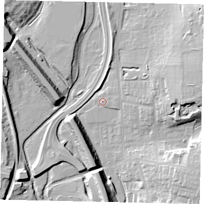 Shaded relief map of the ground around WD232JF, computed from Environment Agency LiDAR. The ground here sits at about 55 m above sea level and falls 17 m across the surrounding 800 m. Surface water reaching this point runs off ground lying to the east-north-east, 1.4 m higher.