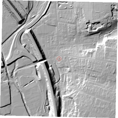 Shaded relief map of the ground around WD232NS, computed from Environment Agency LiDAR. The ground here sits at about 56 m above sea level and falls 20 m across the surrounding 800 m. Surface water reaching this point runs off ground lying to the south-east, 17.9 m higher.