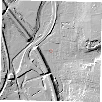 Shaded relief map of the ground around WD232NZ, computed from Environment Agency LiDAR. The ground here sits at about 54 m above sea level and falls 18 m across the surrounding 800 m. Surface water reaching this point runs off ground lying to the east-south-east, 15.4 m higher.