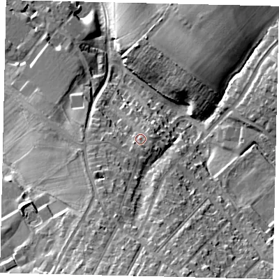 Shaded relief map of the ground around WD233AP, computed from Environment Agency LiDAR. The ground here sits at about 80 m above sea level and falls 26 m across the surrounding 800 m. Surface water reaching this point runs off ground lying to the south-south-west, 8.9 m higher.
