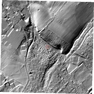 Shaded relief map of the ground around WD233AR, computed from Environment Agency LiDAR. The ground here sits at about 71 m above sea level and falls 22 m across the surrounding 800 m. Surface water reaching this point runs off ground lying to the south, 18.9 m higher.
