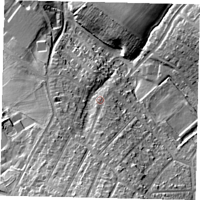 Shaded relief map of the ground around WD233AU, computed from Environment Agency LiDAR. The ground here sits at about 83 m above sea level and falls 29 m across the surrounding 800 m. Surface water reaching this point runs off ground lying to the south, 16.7 m higher.