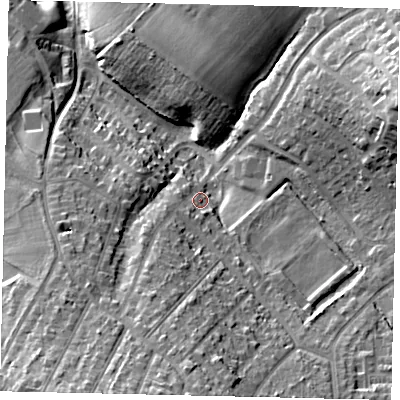 Shaded relief map of the ground around WD233AX, computed from Environment Agency LiDAR. The ground here sits at about 76 m above sea level and falls 27 m across the surrounding 800 m. Surface water reaching this point runs off ground lying to the south-south-west, 21.8 m higher.
