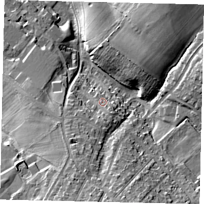 Shaded relief map of the ground around WD233FA, computed from Environment Agency LiDAR. The ground here sits at about 78 m above sea level and falls 24 m across the surrounding 800 m. Surface water reaching this point runs off ground lying to the south-south-west, 10.0 m higher.
