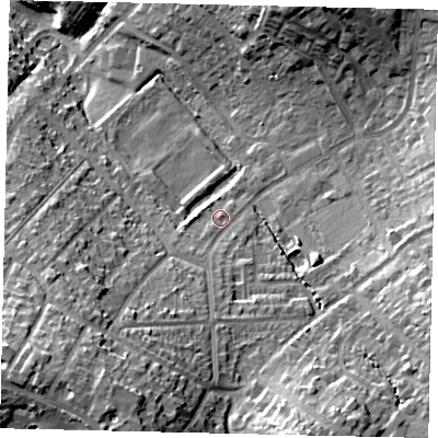 Shaded relief map of the ground around WD233NB, computed from Environment Agency LiDAR. The ground here sits at about 81 m above sea level and falls 30 m across the surrounding 800 m. Surface water reaching this point runs off ground lying to the south-south-west, 20.7 m higher.