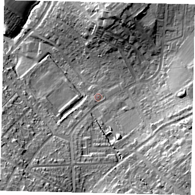 Shaded relief map of the ground around WD233NR, computed from Environment Agency LiDAR. The ground here sits at about 80 m above sea level and falls 29 m across the surrounding 800 m. Surface water reaching this point runs off ground lying to the east-north-east, 0.5 m higher.
