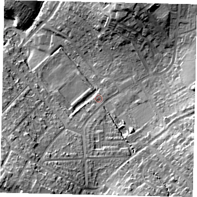 Shaded relief map of the ground around WD233TJ, computed from Environment Agency LiDAR. The ground here sits at about 80 m above sea level and falls 30 m across the surrounding 800 m. Surface water reaching this point runs off ground lying to the south-south-west, 20.4 m higher.