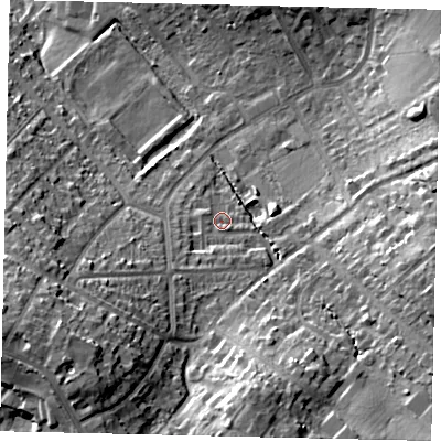 Shaded relief map of the ground around WD234FE, computed from Environment Agency LiDAR. The ground here sits at about 82 m above sea level and falls 29 m across the surrounding 800 m. Surface water reaching this point runs off ground lying to the south-south-west, 4.6 m higher.