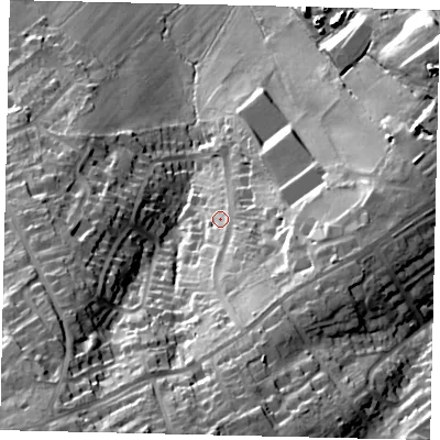 Shaded relief map of the ground around WD234GP, computed from Environment Agency LiDAR. The ground here sits at about 119 m above sea level and falls 52 m across the surrounding 800 m. Surface water reaching this point runs off ground lying to the south-south-east, 17.6 m higher.