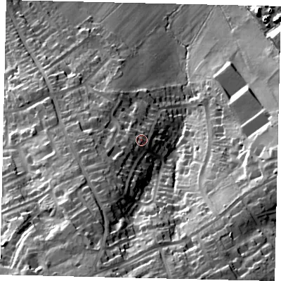 Shaded relief map of the ground around WD234QR, computed from Environment Agency LiDAR. The ground here sits at about 122 m above sea level and falls 51 m across the surrounding 800 m. Surface water reaching this point runs off ground lying to the west-south-west, 6.3 m higher.