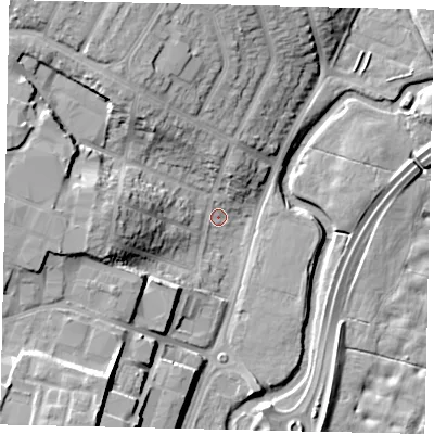 Shaded relief map of the ground around WD244HH, computed from Environment Agency LiDAR. The ground here sits at about 56 m above sea level and falls 18 m across the surrounding 800 m. Surface water reaching this point runs off ground lying to the west-north-west, 13.0 m higher.
