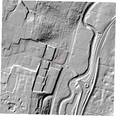 Shaded relief map of the ground around WD244JL, computed from Environment Agency LiDAR. The ground here sits at about 57 m above sea level and falls 18 m across the surrounding 800 m. Surface water reaching this point runs off ground lying to the west-north-west, 8.4 m higher.