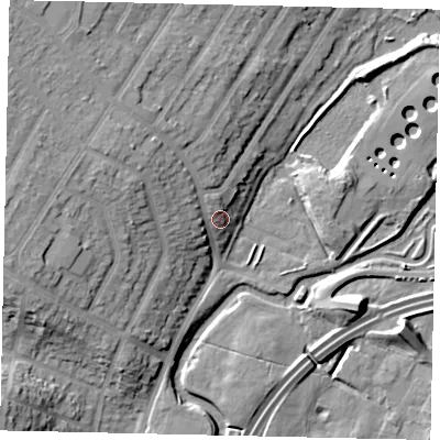Shaded relief map of the ground around WD247TG, computed from Environment Agency LiDAR. The ground here sits at about 60 m above sea level and falls 16 m across the surrounding 800 m. Surface water reaching this point runs off ground lying to the north-north-west, 2.3 m higher.