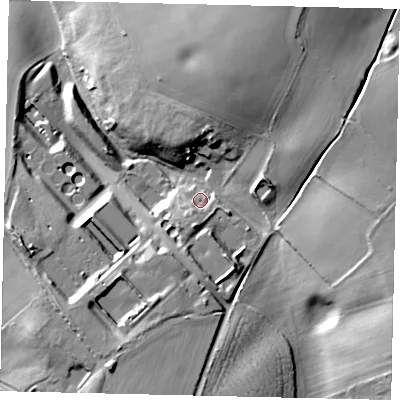Shaded relief map of the ground around WD258BT, computed from Environment Agency LiDAR. The ground here sits at about 80 m above sea level and falls 34 m across the surrounding 800 m. Surface water reaching this point runs off ground lying to the south-south-west, 9.3 m higher.