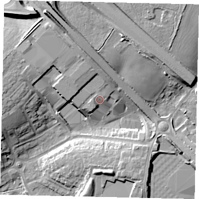 Shaded relief map of the ground around WD258HL, computed from Environment Agency LiDAR. The ground here sits at about 67 m above sea level and falls 18 m across the surrounding 800 m. Surface water reaching this point runs off ground lying to the north-north-west, 5.6 m higher.