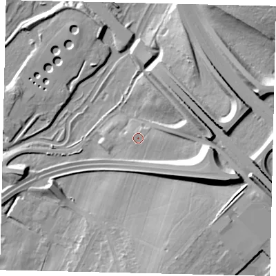 Shaded relief map of the ground around WD258HN, computed from Environment Agency LiDAR. The ground here sits at about 61 m above sea level and falls 23 m across the surrounding 800 m. Surface water reaching this point runs off ground lying to the north-west, 1.2 m higher.