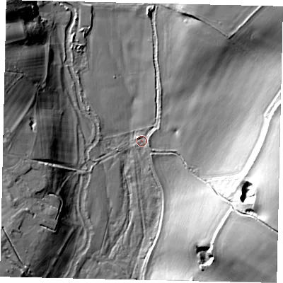 Shaded relief map of the ground around WD258PX, computed from Environment Agency LiDAR. The ground here sits at about 59 m above sea level and falls 30 m across the surrounding 800 m. Surface water reaching this point runs off ground lying to the east-south-east, 28.0 m higher.