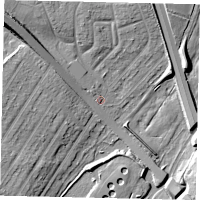 Shaded relief map of the ground around WD259DB, computed from Environment Agency LiDAR. The ground here sits at about 59 m above sea level and falls 19 m across the surrounding 800 m. Surface water reaching this point runs off ground lying to the north-west, 2.7 m higher.