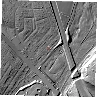 Shaded relief map of the ground around WD259DG, computed from Environment Agency LiDAR. The ground here sits at about 57 m above sea level and falls 19 m across the surrounding 800 m. Surface water reaching this point runs off ground lying to the north, 7.6 m higher.