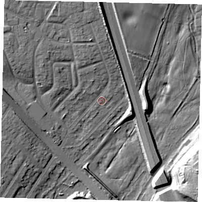 Shaded relief map of the ground around WD259DN, computed from Environment Agency LiDAR. The ground here sits at about 58 m above sea level and falls 19 m across the surrounding 800 m. Surface water reaching this point runs off ground lying to the north-north-west, 6.4 m higher.