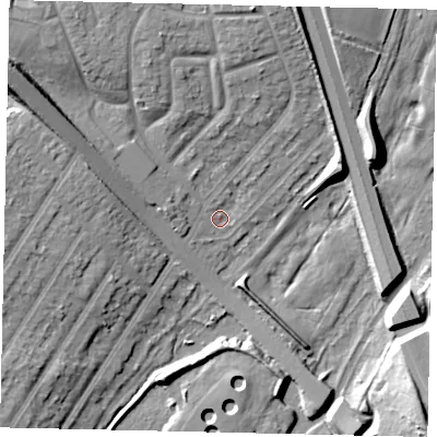 Shaded relief map of the ground around WD259DW, computed from Environment Agency LiDAR. The ground here sits at about 57 m above sea level and falls 17 m across the surrounding 800 m. Surface water reaching this point runs off ground lying to the north-west, 14.0 m higher.