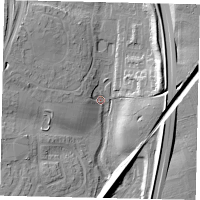 Shaded relief map of the ground around WD259RL, computed from Environment Agency LiDAR. The ground here sits at about 62 m above sea level and falls 22 m across the surrounding 800 m. Surface water reaching this point runs off ground lying to the west, 13.1 m higher.