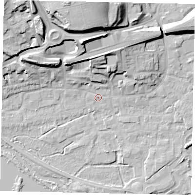 Shaded relief map of the ground around WD31AN, computed from Environment Agency LiDAR. The ground here sits at about 48 m above sea level and falls 28 m across the surrounding 800 m. Surface water reaching this point runs off ground lying to the north, 13.1 m higher.