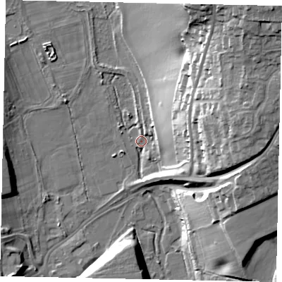 Shaded relief map of the ground around WD31AT, computed from Environment Agency LiDAR. The ground here sits at about 50 m above sea level and falls 36 m across the surrounding 800 m. Surface water reaching this point runs off ground lying to the north-east, 34.0 m higher.