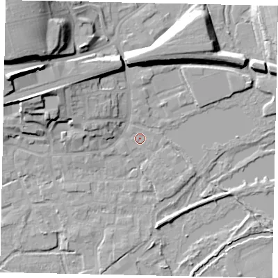 Shaded relief map of the ground around WD31AZ, computed from Environment Agency LiDAR. The ground here sits at about 48 m above sea level and falls 27 m across the surrounding 800 m. Surface water reaching this point runs off ground lying to the north-west, 9.7 m higher.