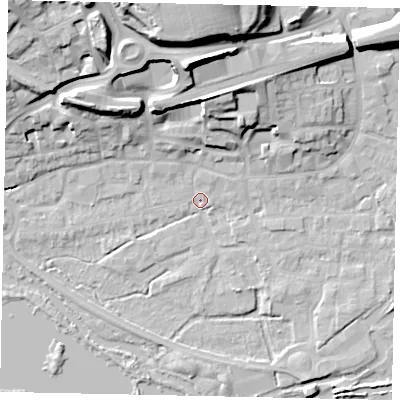 Shaded relief map of the ground around WD31BE, computed from Environment Agency LiDAR. The ground here sits at about 47 m above sea level and falls 28 m across the surrounding 800 m. Surface water reaching this point runs off ground lying to the north, 21.5 m higher.