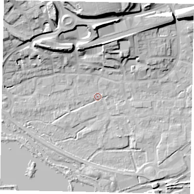 Shaded relief map of the ground around WD31BH, computed from Environment Agency LiDAR. The ground here sits at about 46 m above sea level and falls 27 m across the surrounding 800 m. Surface water reaching this point runs off ground lying to the north, 21.5 m higher.