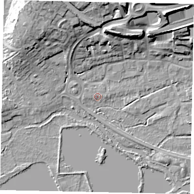 Shaded relief map of the ground around WD31BJ, computed from Environment Agency LiDAR. The ground here sits at about 46 m above sea level and falls 24 m across the surrounding 800 m. Surface water reaching this point runs off ground lying to the north-north-east, 21.5 m higher.