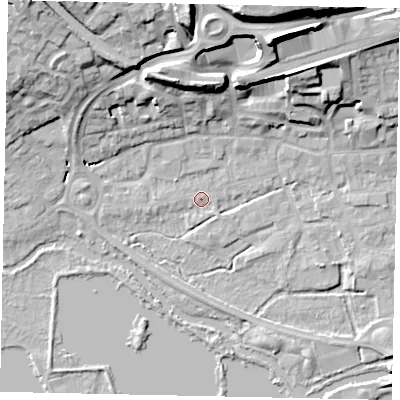 Shaded relief map of the ground around WD31BL, computed from Environment Agency LiDAR. The ground here sits at about 46 m above sea level and falls 26 m across the surrounding 800 m. Surface water reaching this point runs off ground lying to the north-north-east, 22.0 m higher.
