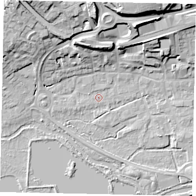 Shaded relief map of the ground around WD31BN, computed from Environment Agency LiDAR. The ground here sits at about 46 m above sea level and falls 27 m across the surrounding 800 m. Surface water reaching this point runs off ground lying to the north-north-east, 1.0 m higher.