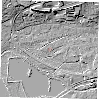 Shaded relief map of the ground around WD31BP, computed from Environment Agency LiDAR. The ground here sits at about 46 m above sea level and falls 20 m across the surrounding 800 m. Surface water reaching this point runs off ground lying to the north-north-east, 18.4 m higher.