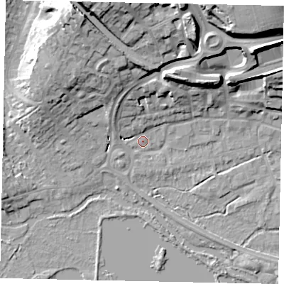 Shaded relief map of the ground around WD31BQ, computed from Environment Agency LiDAR. The ground here sits at about 47 m above sea level and falls 28 m across the surrounding 800 m. Surface water reaching this point runs off ground lying to the north-north-east, 27.6 m higher.