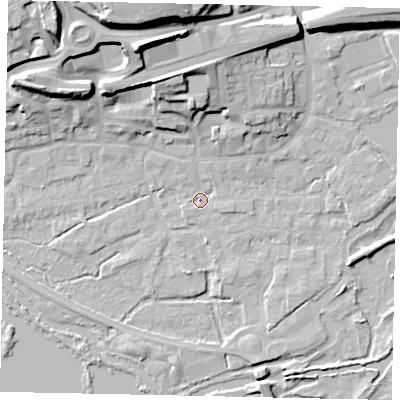Shaded relief map of the ground around WD31BS, computed from Environment Agency LiDAR. The ground here sits at about 47 m above sea level and falls 26 m across the surrounding 800 m. Surface water reaching this point runs off ground lying to the north, 13.6 m higher.