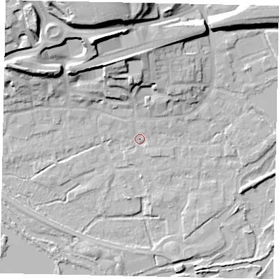 Shaded relief map of the ground around WD31DB, computed from Environment Agency LiDAR. The ground here sits at about 47 m above sea level and falls 26 m across the surrounding 800 m. Surface water reaching this point runs off ground lying to the north, 13.6 m higher.