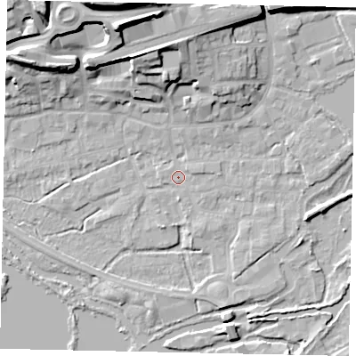 Shaded relief map of the ground around WD31DD, computed from Environment Agency LiDAR. The ground here sits at about 47 m above sea level and falls 25 m across the surrounding 800 m. Surface water reaching this point runs off ground lying to the south-south-east, 1.2 m higher.