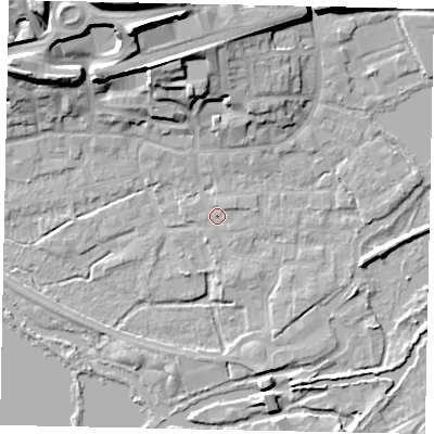 Shaded relief map of the ground around WD31DE, computed from Environment Agency LiDAR. The ground here sits at about 47 m above sea level and falls 25 m across the surrounding 800 m. Surface water reaching this point runs off ground lying to the south-south-east, 1.2 m higher.