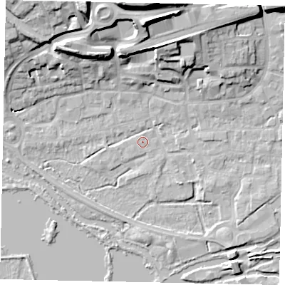 Shaded relief map of the ground around WD31DF, computed from Environment Agency LiDAR. The ground here sits at about 47 m above sea level and falls 26 m across the surrounding 800 m. Surface water reaching this point runs off ground lying to the north, 0.5 m higher.