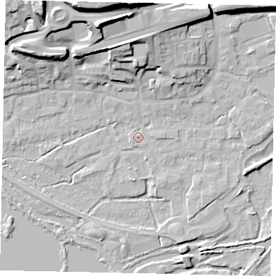 Shaded relief map of the ground around WD31DH, computed from Environment Agency LiDAR. The ground here sits at about 47 m above sea level and falls 25 m across the surrounding 800 m. Surface water reaching this point runs off ground lying to the north, 13.6 m higher.