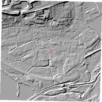 Shaded relief map of the ground around WD31DJ, computed from Environment Agency LiDAR. The ground here sits at about 47 m above sea level and falls 22 m across the surrounding 800 m. Surface water reaching this point runs off ground lying to the south-south-east, 1.2 m higher.