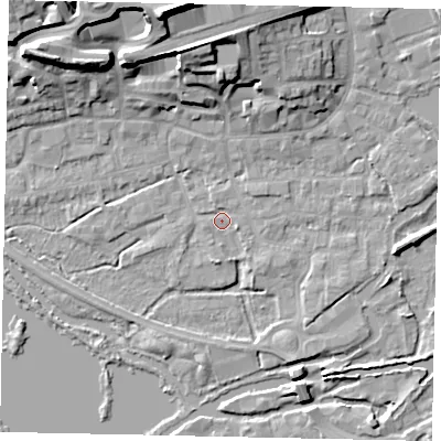 Shaded relief map of the ground around WD31DN, computed from Environment Agency LiDAR. The ground here sits at about 47 m above sea level and falls 22 m across the surrounding 800 m. Surface water reaching this point runs off ground lying to the south-east, 1.5 m higher.